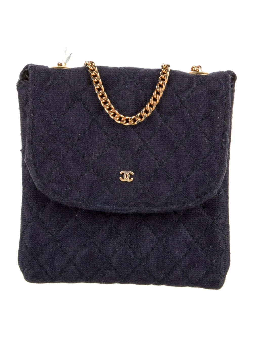 CHANEL Navy Quilted Fabric Mini Crossbody with Gold Chain
